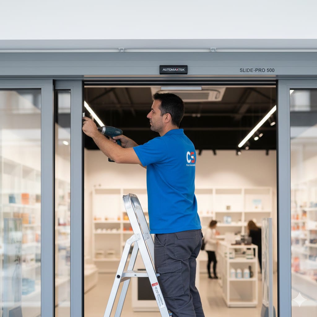 nstalação de porta automática de vidro realizada pela Casa Segura Foz em comércio local